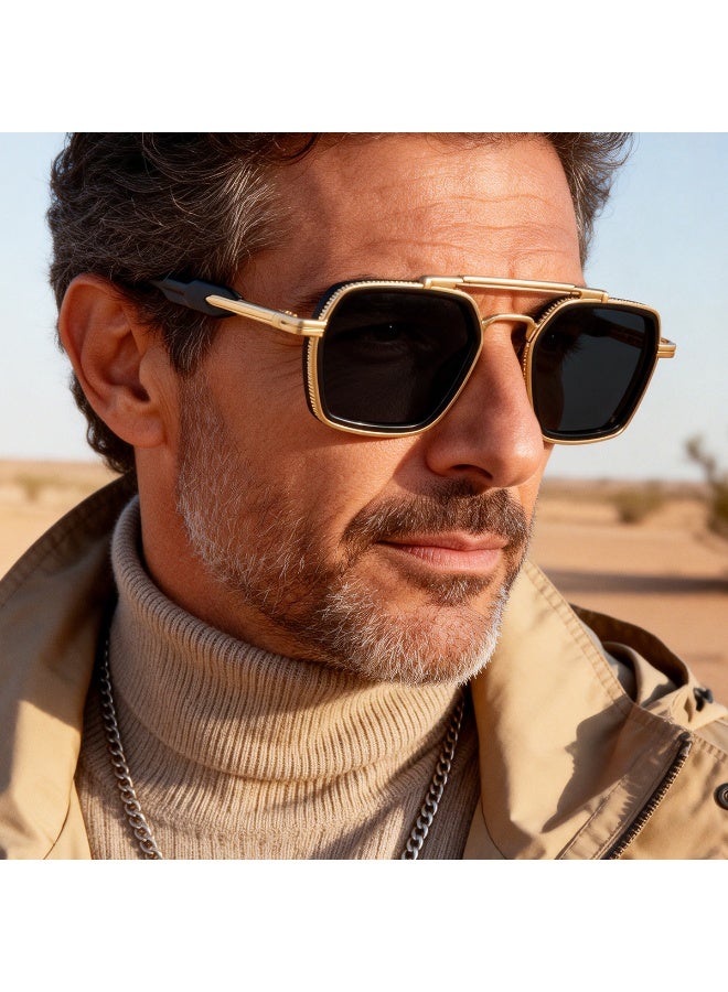 Gold Double Bridge Square Sunglasses for Men, Polarized UV400 Protection, Retro Metal Frame Driving Shades - Image 2