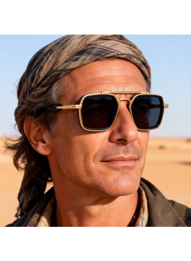 Gold Double Bridge Square Sunglasses for Men, Polarized UV400 Protection, Retro Metal Frame Driving Shades - Image 1