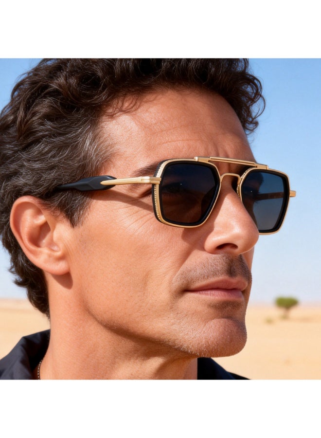 Gold Double Bridge Square Sunglasses for Men, Polarized UV400 Protection, Retro Metal Frame Driving Shades - Image 3