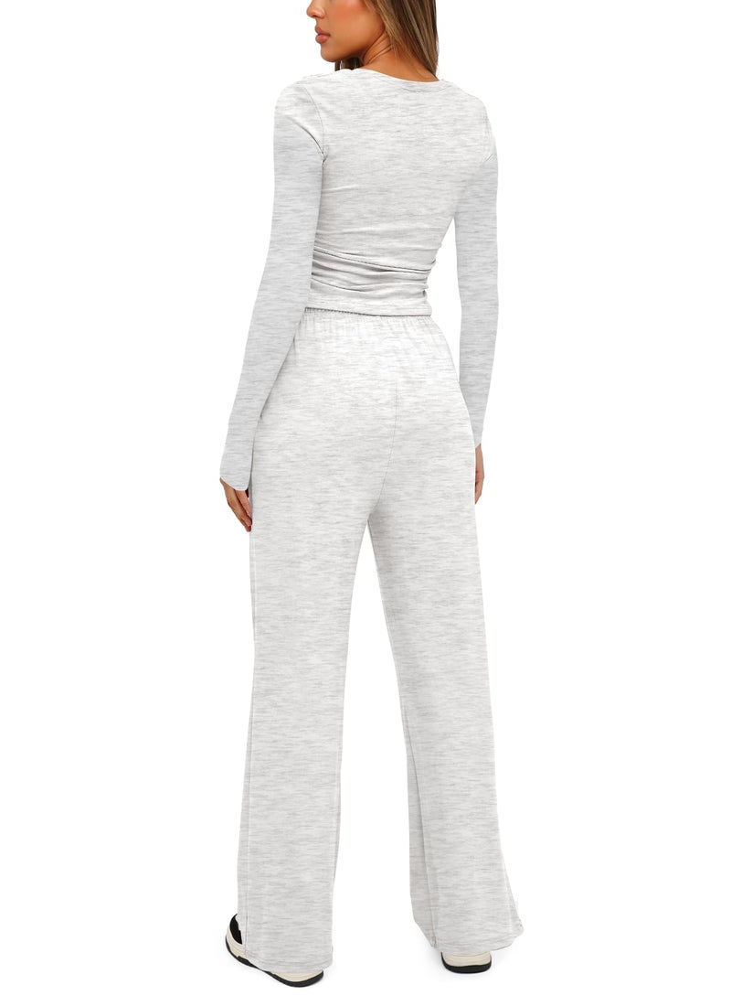 Darong Women's 2 Piece Lounge Sets Long Sleeve Tops Wide Leg Pants Casual Outfits Pajama Set Fall Collection 9065A White Grey S - Image 2