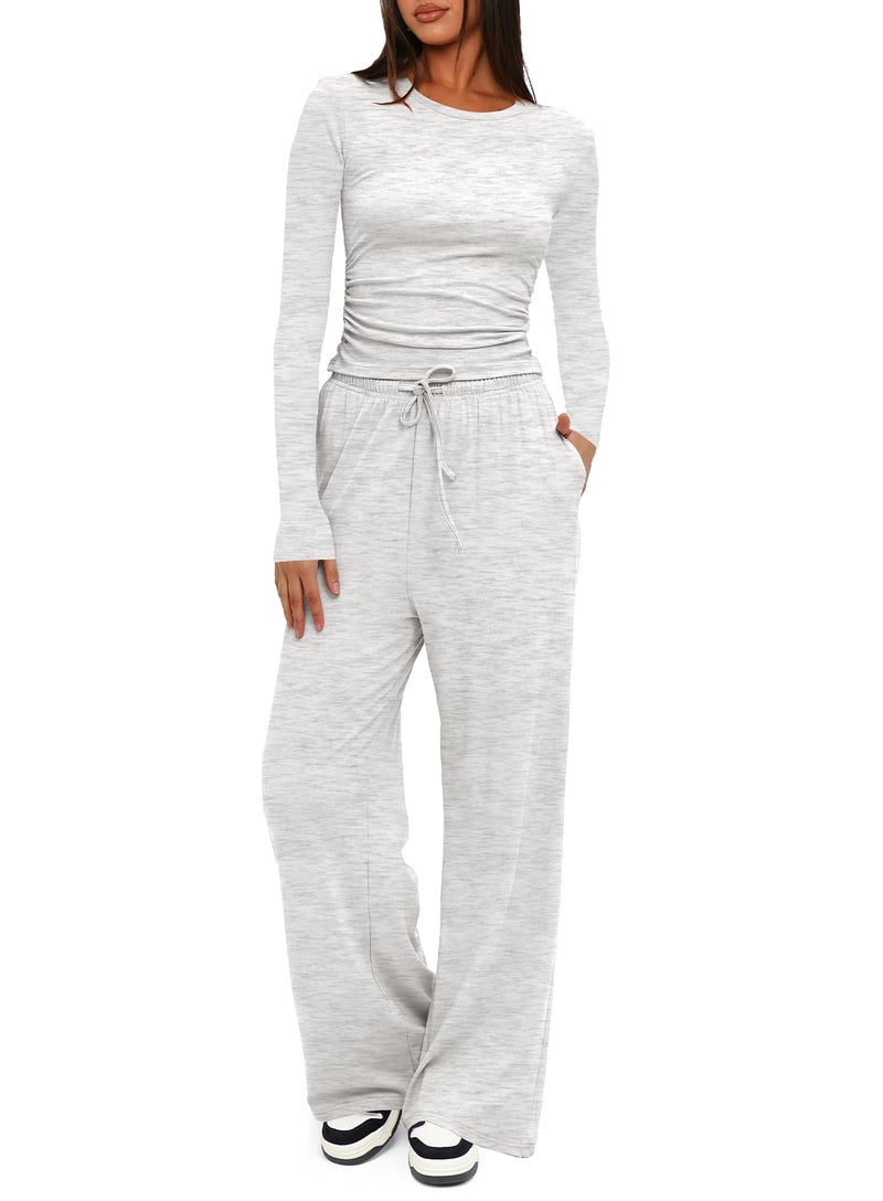 Darong Women's 2 Piece Lounge Sets Long Sleeve Tops Wide Leg Pants Casual Outfits Pajama Set Fall Collection 9065A White Grey S - Image 1