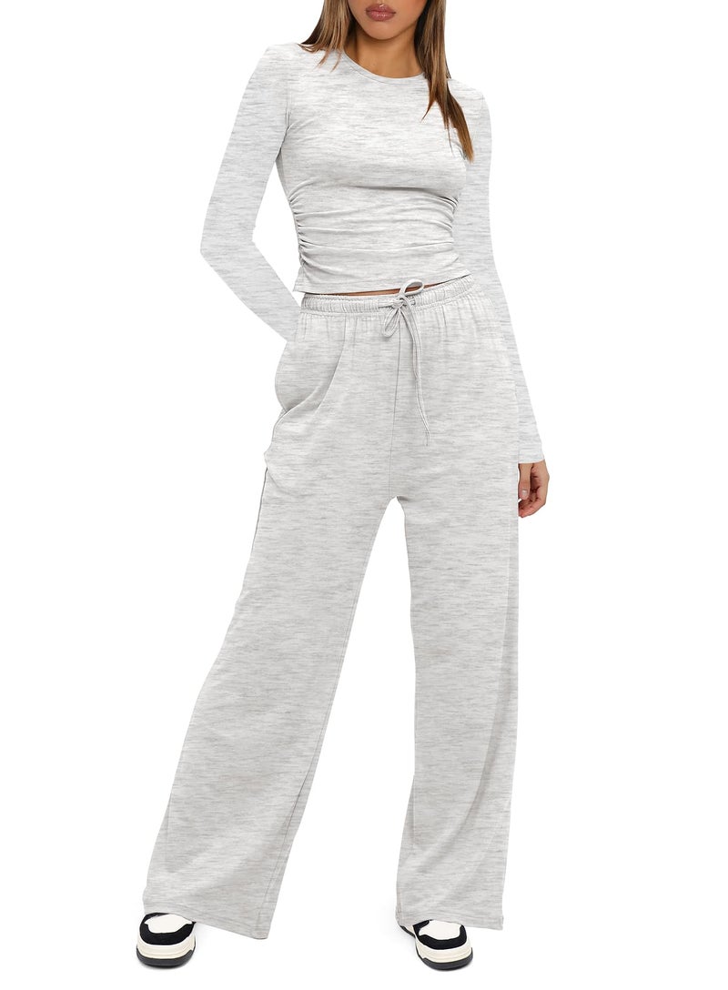 Darong Women's 2 Piece Lounge Sets Long Sleeve Tops Wide Leg Pants Casual Outfits Pajama Set Fall Collection 9065A White Grey S - Image 3