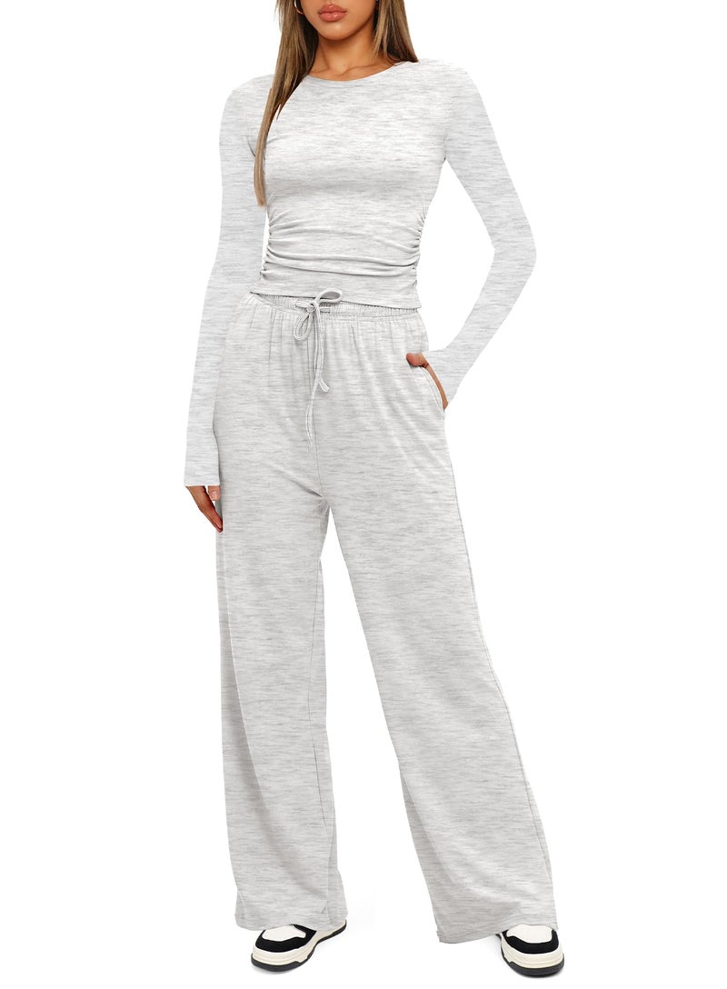 Darong Women's 2 Piece Lounge Sets Long Sleeve Tops Wide Leg Pants Casual Outfits Pajama Set Fall Collection 9065A White Grey S - Image 4