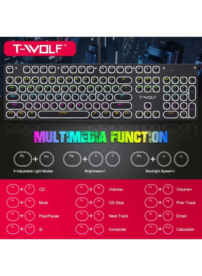 T-WOLF T75 104-Key Mechanical Gaming Keyboard, Retro Gaming Keyboard with 9 RGB Lighting Modes, Wired Connection, Metal Panel with Round Keycaps, Suitable for Gaming and Office Use - Image 4