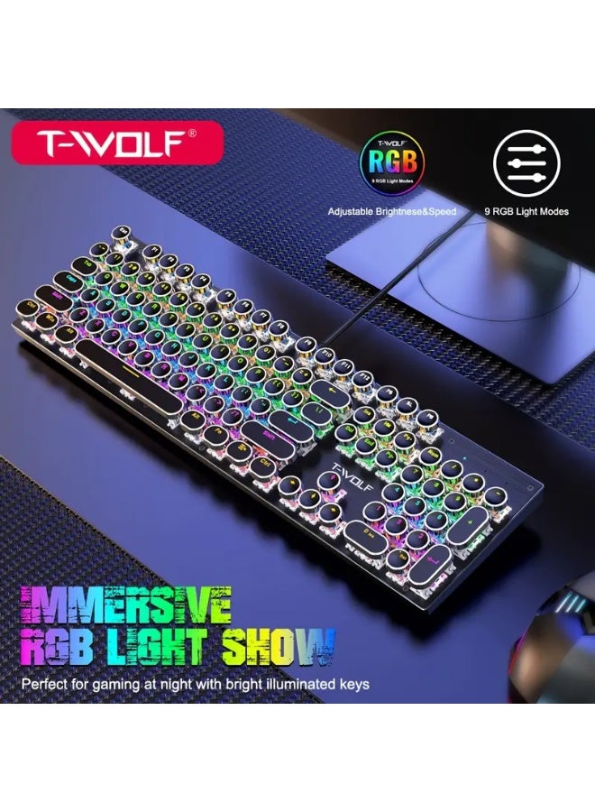 T-WOLF T75 104-Key Mechanical Gaming Keyboard, Retro Gaming Keyboard with 9 RGB Lighting Modes, Wired Connection, Metal Panel with Round Keycaps, Suitable for Gaming and Office Use - Image 3