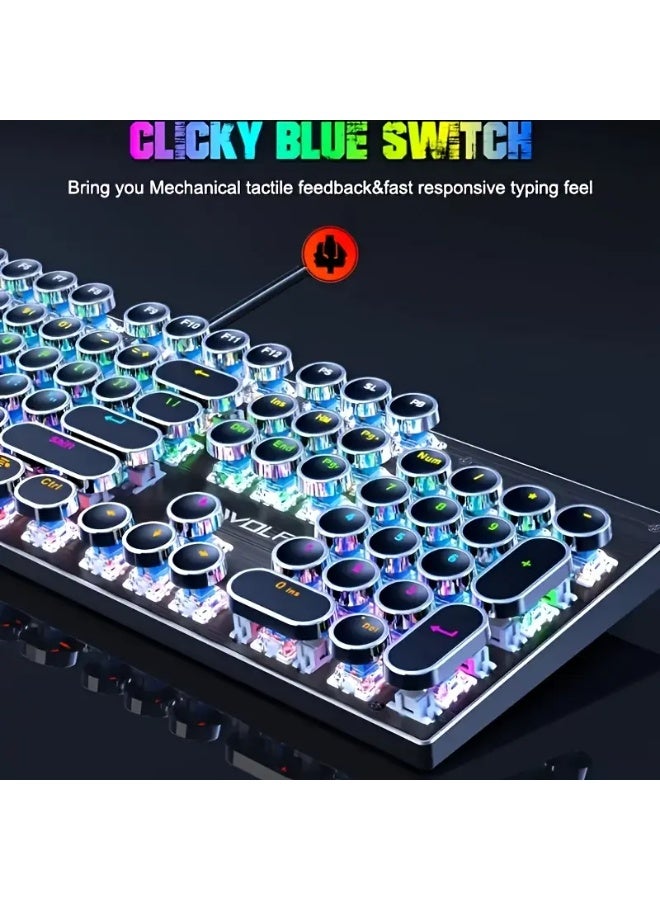 T-WOLF T75 104-Key Mechanical Gaming Keyboard, Retro Gaming Keyboard with 9 RGB Lighting Modes, Wired Connection, Metal Panel with Round Keycaps, Suitable for Gaming and Office Use - Image 5