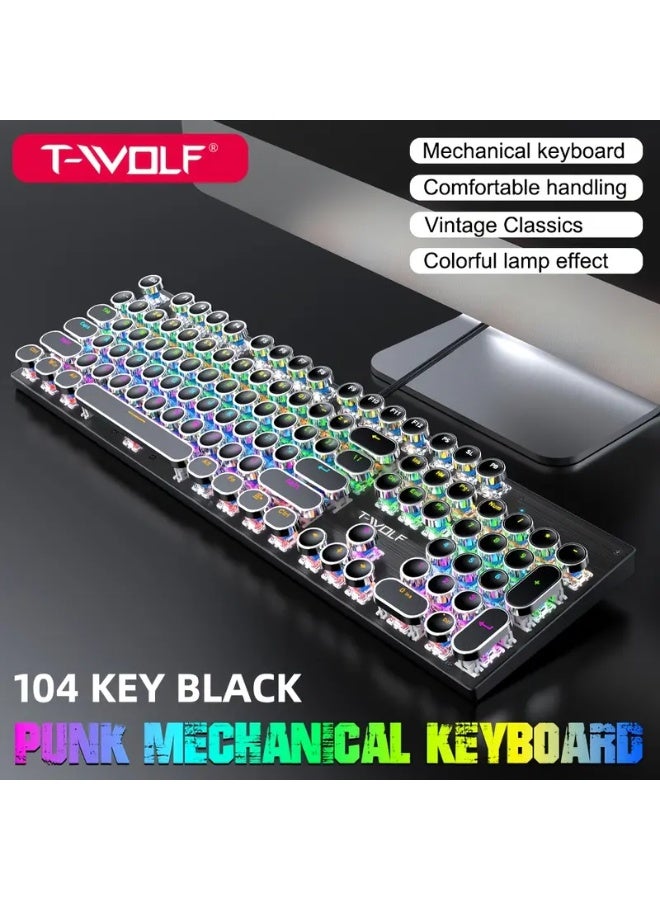 T-WOLF T75 104-Key Mechanical Gaming Keyboard, Retro Gaming Keyboard with 9 RGB Lighting Modes, Wired Connection, Metal Panel with Round Keycaps, Suitable for Gaming and Office Use - Image 1