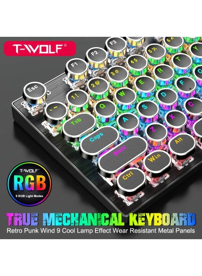 T-WOLF T75 104-Key Mechanical Gaming Keyboard, Retro Gaming Keyboard with 9 RGB Lighting Modes, Wired Connection, Metal Panel with Round Keycaps, Suitable for Gaming and Office Use - Image 2