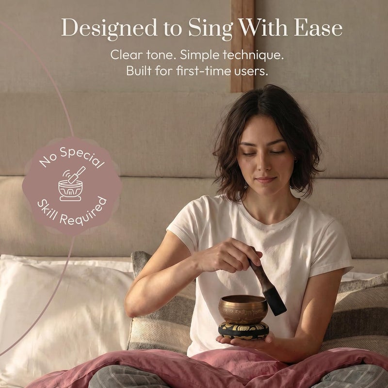 Silent Mind Tibetan Singing Bowl Set ~ Easy to Play with New Dual-End Striker & Cushion ~ Creates Beautiful Sound for Holistic Healing, Meditation & Relaxation ~ Bliss Pattern ~ Matte Gold Bowl with Black Pillow - Image 2