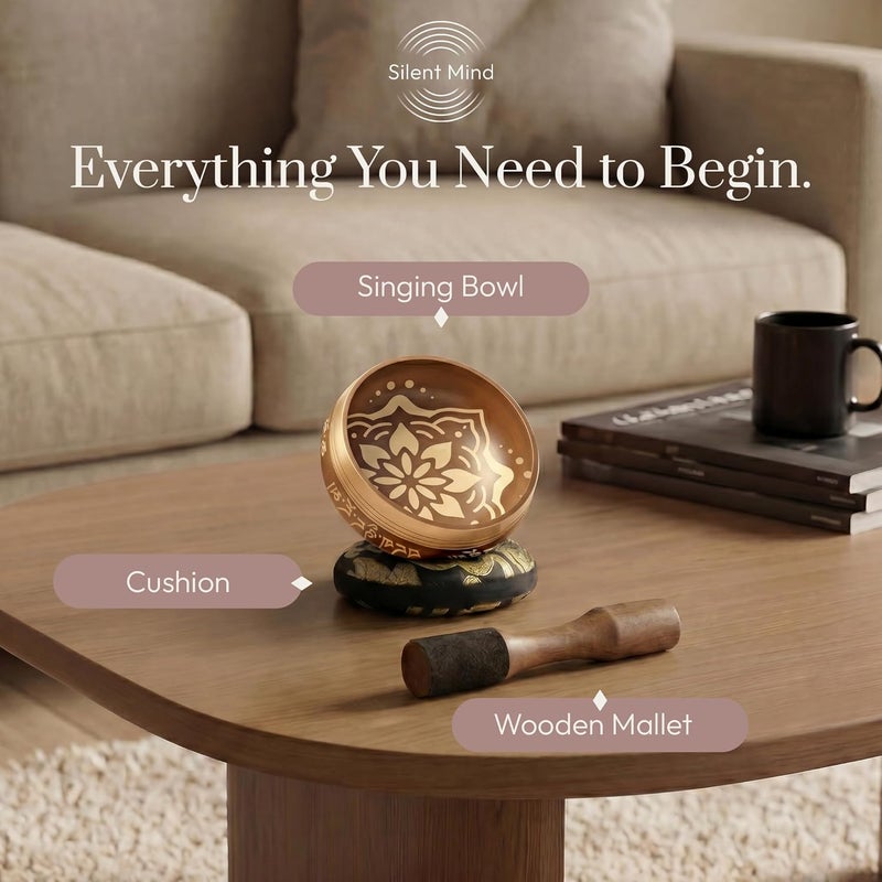 Silent Mind Tibetan Singing Bowl Set ~ Easy to Play with New Dual-End Striker & Cushion ~ Creates Beautiful Sound for Holistic Healing, Meditation & Relaxation ~ Bliss Pattern ~ Matte Gold Bowl with Black Pillow - Image 5