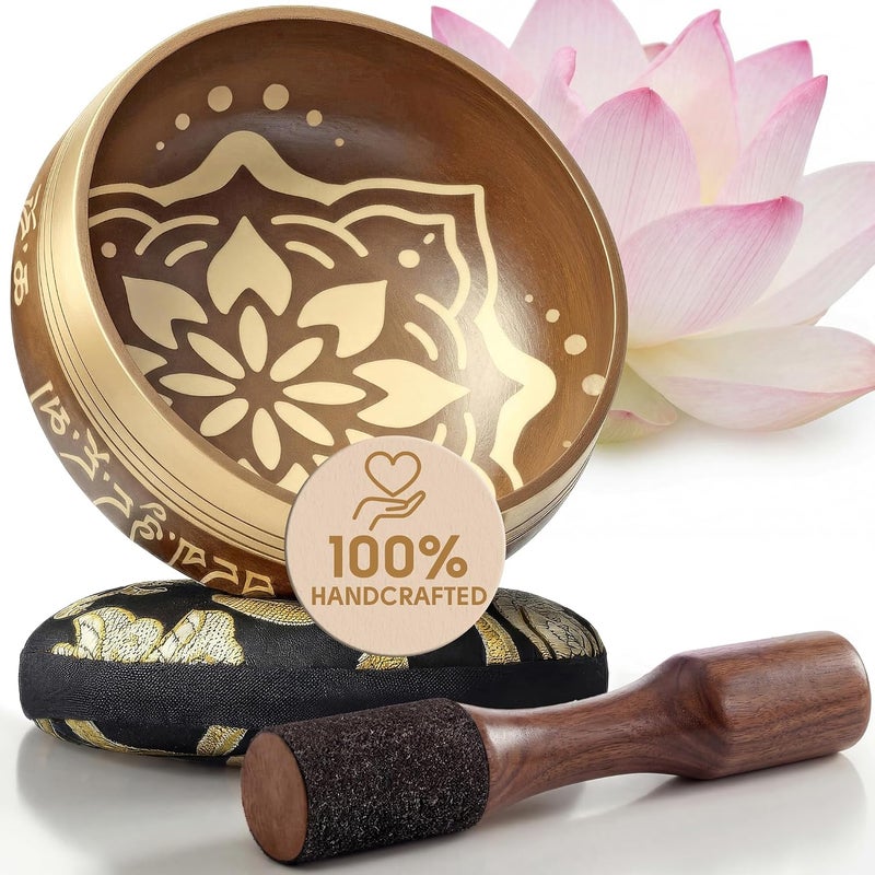 Silent Mind Tibetan Singing Bowl Set ~ Easy to Play with New Dual-End Striker & Cushion ~ Creates Beautiful Sound for Holistic Healing, Meditation & Relaxation ~ Bliss Pattern ~ Matte Gold Bowl with Black Pillow - Image 1