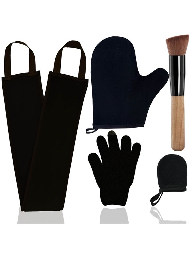 TSAIYI 5 Piece Self Tanning Mitt Applicator Set with Self Tan Glove Tanning Back Lotion Applicator Tanning Brush Tan Face Mitt Exfoliating Glove, for Self Sunless Tanning Tan (black)  - Image 1