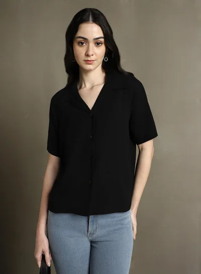 Dennis Lingo Women's Black 100% Polyester Solid Button Down Regular Fit Shirt