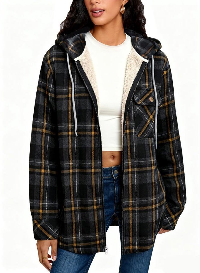 Elesuit Women's Full Zip Fleece Flannel Jacket Plaid Hooded Jackets Sherpa Lind Hoodies for Women, Dark Grey, XL - Image 2