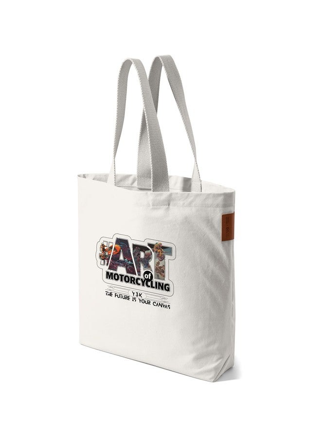 DailyObjects 100% Cotton Canvas Art of Motorcycling City Tote Women's Large Tote Bag | Sturdy & Spacious with Outer Slip Pockets | Ladies Shoulder Handbag For college, Grocery, Shopping, Travel - Image 2