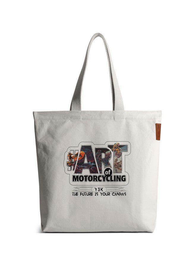 DailyObjects 100% Cotton Canvas Art of Motorcycling City Tote Women's Large Tote Bag | Sturdy & Spacious with Outer Slip Pockets | Ladies Shoulder Handbag For college, Grocery, Shopping, Travel - Image 1