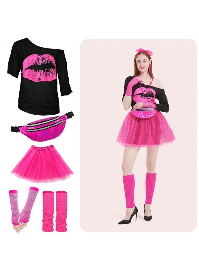 WILDPARTY 80s Costume Accessories for Women, T-Shirt Tutu Fanny Pack Headband Earring Necklace Fishnet Gloves Legwarmers 80s Party Halloween Outfit for Women 24PCS (Pink XL) - Image 4