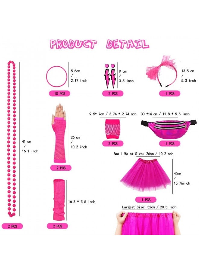 WILDPARTY 80s Costume Accessories for Women, T-Shirt Tutu Fanny Pack Headband Earring Necklace Fishnet Gloves Legwarmers 80s Party Halloween Outfit for Women 24PCS (Pink XL) - Image 1