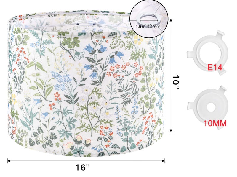 GO&SO Floral Large Drum Lamp Shade 1 Pack, 16" x 16" x 10", Spider E27 Base(1.65"), Printed Pattern Design,DIY Assembly with 2 Adapter (E14/10mm),Fit for Pendant Lighting/TableLamps/Floor Lamps - Image 2