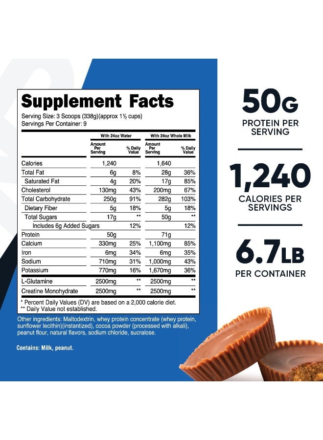 Nutricost نوتريكوست ماس غاينر (نكهة زبدة الفول السوداني بالشوكولاتة، 6.7 رطل) 50 جرام من البروتين لكل حصة - Image 2