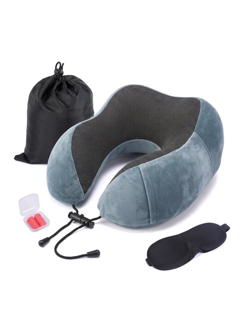 ZERIFAM Travel Neck Pillow, Ergonomic Travel Memory Foam Neck Pillow, Foldable & Washable, EyeMask/ Earplug/ Storage Bag for Naps on Flight Offices Cars Buses Home, Blue - Image 1