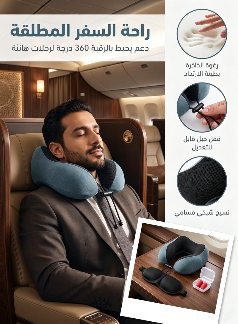 ZERIFAM Travel Neck Pillow, Ergonomic Travel Memory Foam Neck Pillow, Foldable & Washable, EyeMask/ Earplug/ Storage Bag for Naps on Flight Offices Cars Buses Home, Blue - Image 2