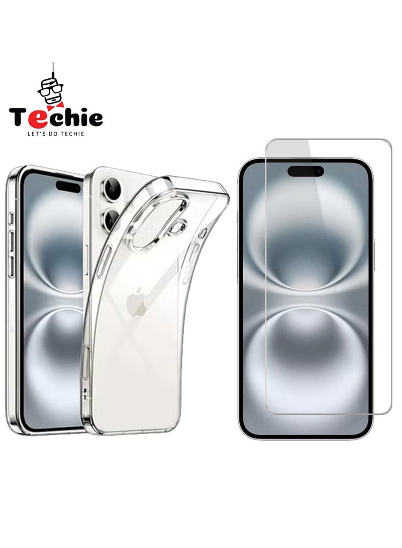 Techie حزمة كومبو 2 في 1 لحافظة آبل آيفون 16 وواقي الشاشة - حافظة TPU شفافة مع واقي شاشة زجاجي مقسى عالي الدقة - Image 1