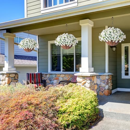 Ivydale Artificial Fake Hanging Flowers Plants Baskets for Outdoor Spring Summer Decoration, Faux Silk White Morning Glory Look Real UV Resistant for Outside Porch Patio Balcony Yard Front Door Garden - Image 3