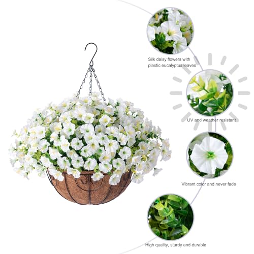 Ivydale Artificial Fake Hanging Flowers Plants Baskets for Outdoor Spring Summer Decoration, Faux Silk White Morning Glory Look Real UV Resistant for Outside Porch Patio Balcony Yard Front Door Garden - Image 5