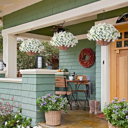 Ivydale Artificial Fake Hanging Flowers Plants Baskets for Outdoor Spring Summer Decoration, Faux Silk White Morning Glory Look Real UV Resistant for Outside Porch Patio Balcony Yard Front Door Garden - Image 2