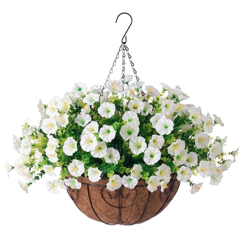 Ivydale Artificial Fake Hanging Flowers Plants Baskets for Outdoor Spring Summer Decoration, Faux Silk White Morning Glory Look Real UV Resistant for Outside Porch Patio Balcony Yard Front Door Garden - Image 1