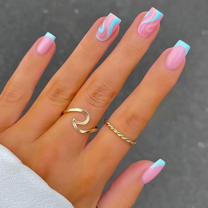 RikView French Tip Press on Nails Medium Fake Nails Blue Nails for Women with Swirls Design Square Acrylic Nails - Image 1