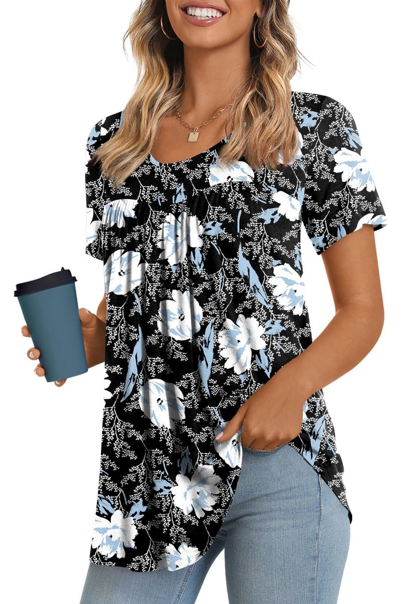 LONGYUAN Short Sleeve Tunics Loose Fit Casual Tops for Women Summer Hide Belly Comfy Shirts Blouse Fl Medium White Lily - Image 1