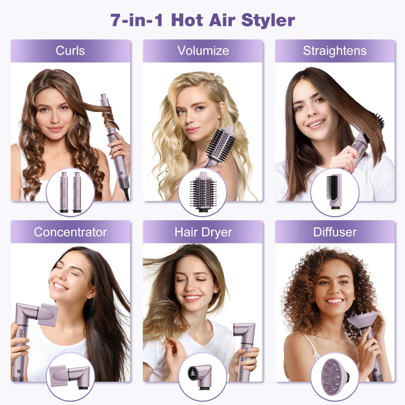 7MAGIC Hot Air Styler Wrap, 7 in 1 Professional Hair Dryer Brush with Auto-Wrap Curlers, Fast Drying Blow Dryer, Volumizing Straightening Styling Multi-Styler No Heat Damage, Travel Case (Purple) - Image 2