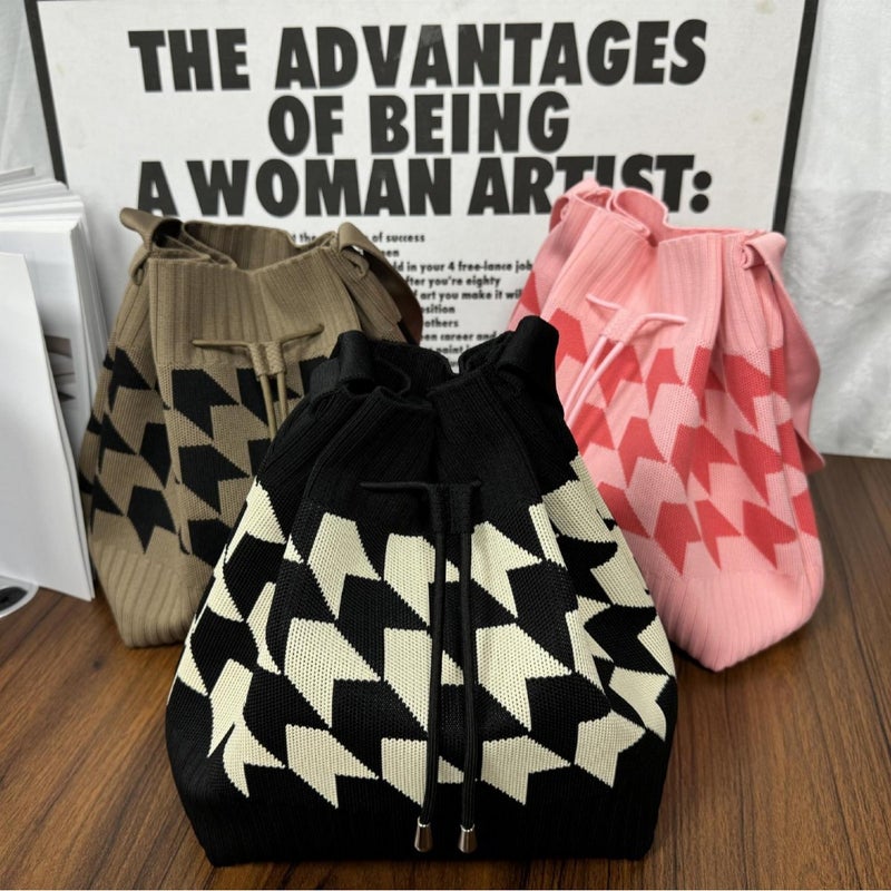Open Drawstring Knitted Shoulder Bag Large Capacity Handbag Bucket Bag Retro All-Match Portable Tote Bag - Image 2