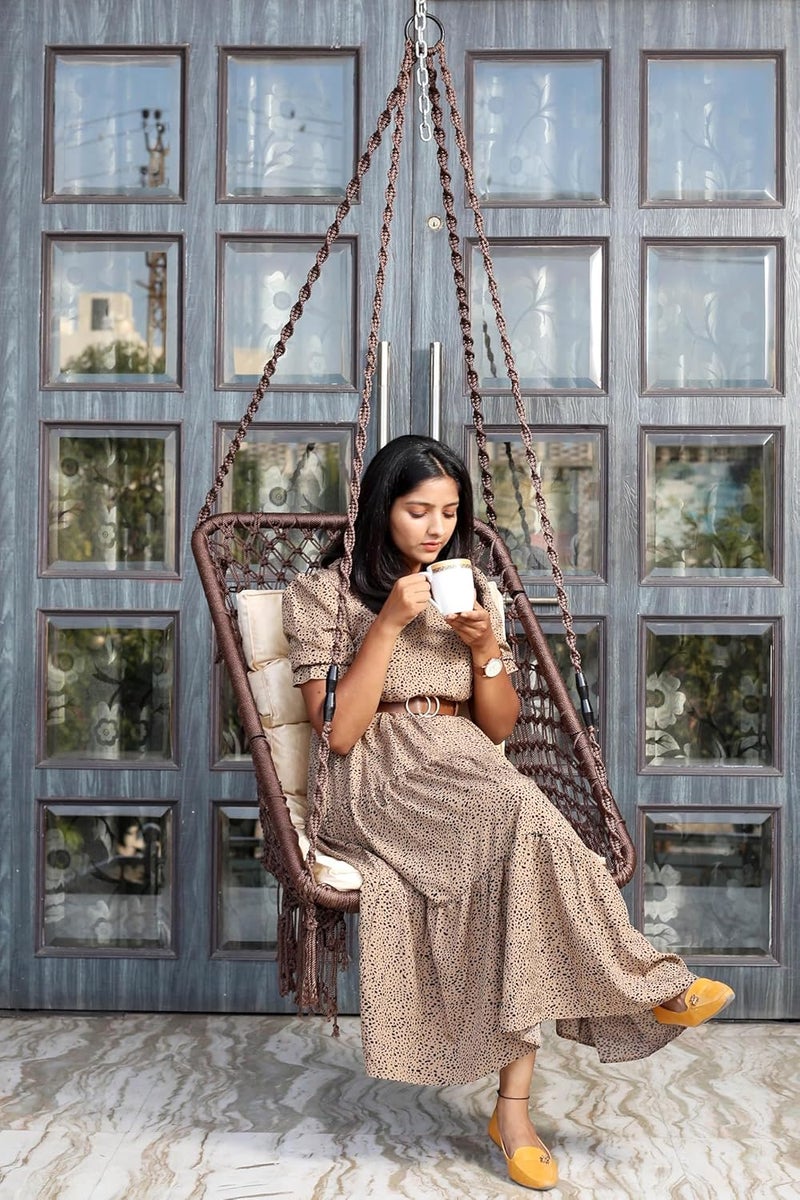 Patiofy Metal Premium Square Relaxo Jhula Swing Chair For AdultsKidsHammock Hanging Swing For Balcony IndoorOutdoorHanging Jhula Chair With Free L Cushion Hanging Kit 150Kgs CapacityBrown