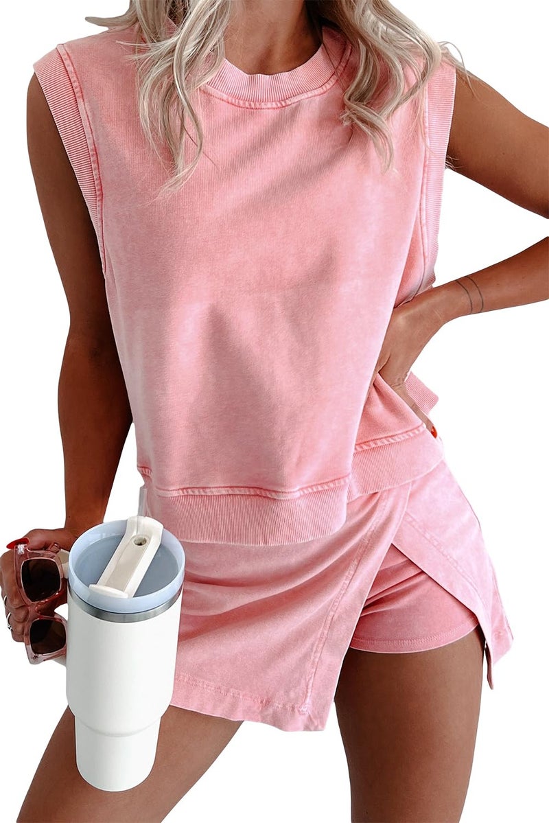 KevaMolly Womens Travel Outfits Summer Lounge Set 2 Pieces Mineral Wash Cotton Tank Top Lined Split Athletic Skirt Set Pink L - Image 1