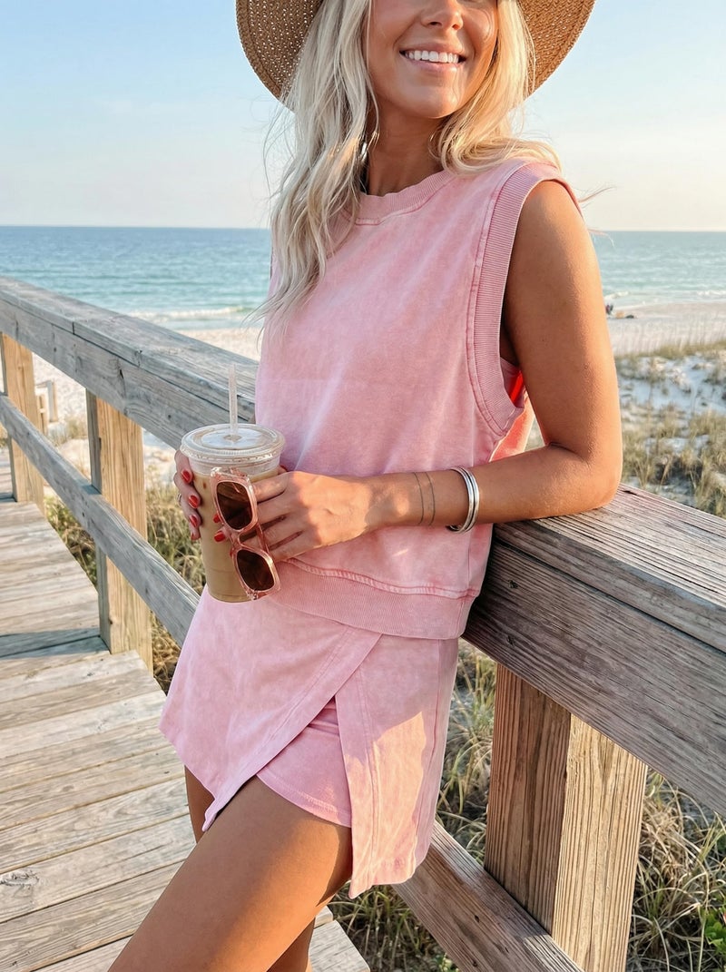 KevaMolly Womens Travel Outfits Summer Lounge Set 2 Pieces Mineral Wash Cotton Tank Top Lined Split Athletic Skirt Set Pink L - Image 3