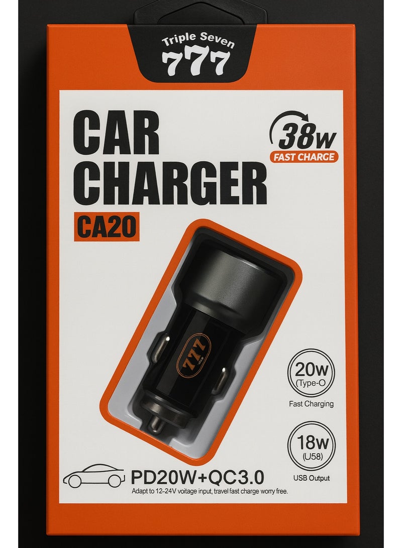 777 Triple Seven CA20 Car Charger 38W Fast Charge PD20W + QC3.0 with Type-C & USB Ports - Image 1