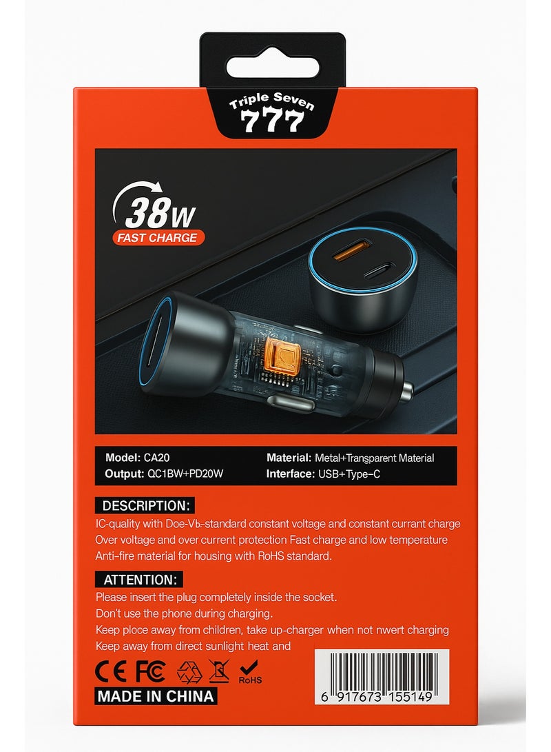 777 Triple Seven CA20 Car Charger 38W Fast Charge PD20W + QC3.0 with Type-C & USB Ports - Image 4