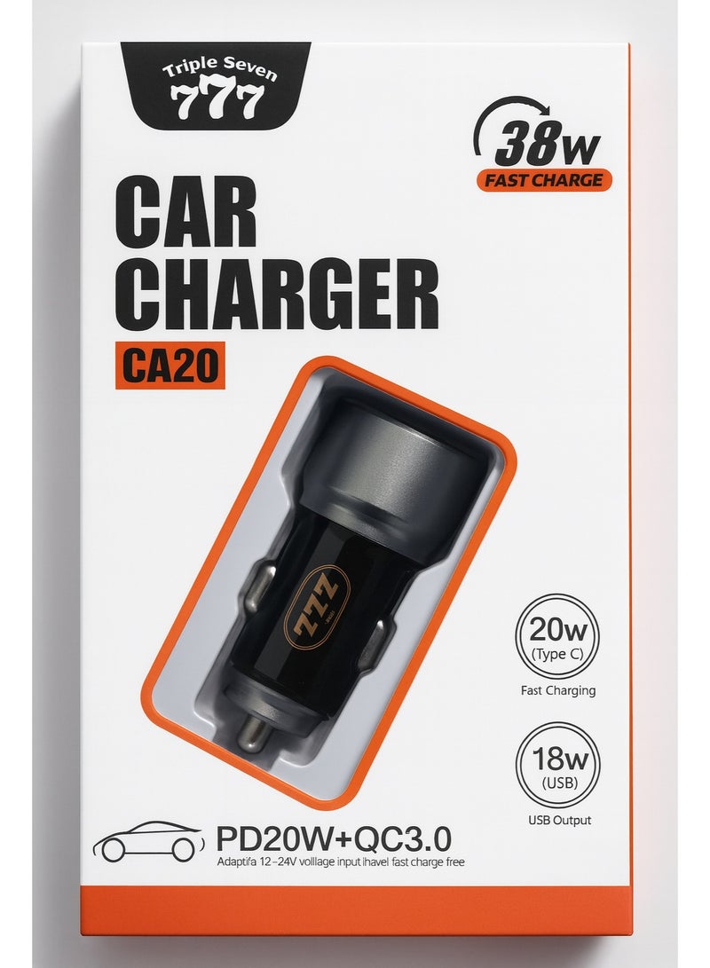 777 Triple Seven CA20 Car Charger 38W Fast Charge PD20W + QC3.0 with Type-C & USB Ports - Image 2