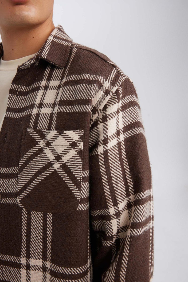 DeFacto Brown Man Regular Fit Plaid Lumberjack Flannel Long Sleeve Shirt Casual - Image 3