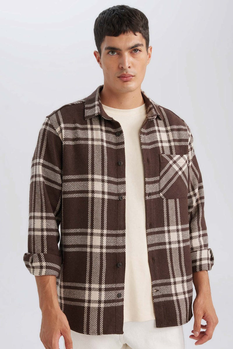 DeFacto Brown Man Regular Fit Plaid Lumberjack Flannel Long Sleeve Shirt Casual - Image 1