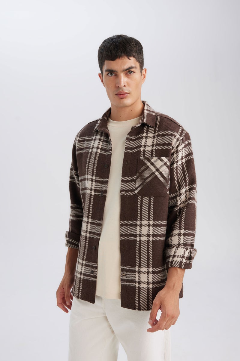 DeFacto Brown Man Regular Fit Plaid Lumberjack Flannel Long Sleeve Shirt Casual - Image 5