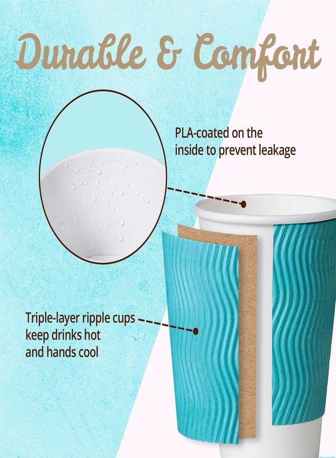 MATICAN Paper Coffee Cups, 50-Pack 12-oz Insulated Corrugated Disposable Paper Cups, With Lids, Ripple Wall Cups for Hot Beverage or Cold Drinks, Turquoise - Image 4