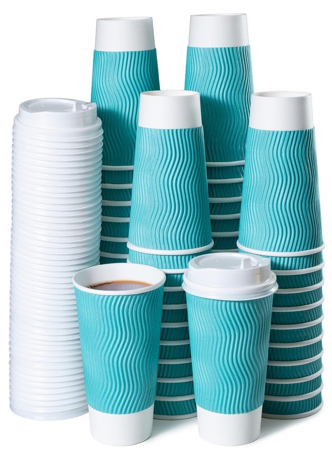 MATICAN Paper Coffee Cups, 50-Pack 12-oz Insulated Corrugated Disposable Paper Cups, With Lids, Ripple Wall Cups for Hot Beverage or Cold Drinks, Turquoise - Image 1