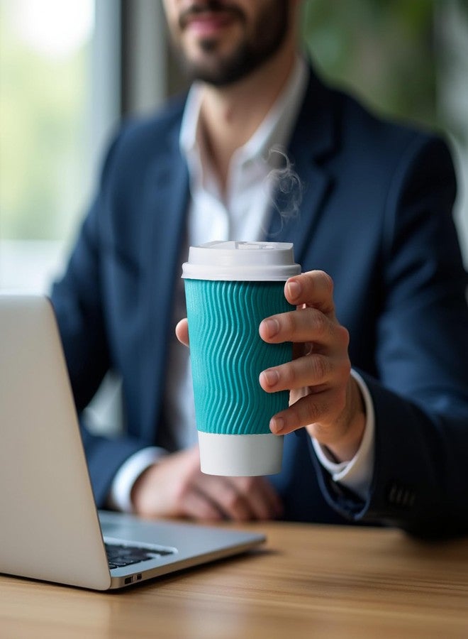 MATICAN Paper Coffee Cups, 50-Pack 12-oz Insulated Corrugated Disposable Paper Cups, With Lids, Ripple Wall Cups for Hot Beverage or Cold Drinks, Turquoise - Image 2