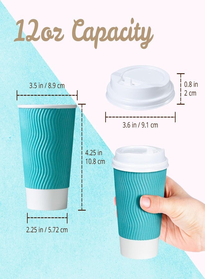 MATICAN Paper Coffee Cups, 50-Pack 12-oz Insulated Corrugated Disposable Paper Cups, With Lids, Ripple Wall Cups for Hot Beverage or Cold Drinks, Turquoise - Image 3