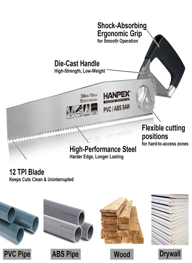 Hanpex 13-Inch Heavy Duty Pipe Saw - Adjustable Angle Hand Saw for PVC, ABS, Wood, Drywall & Plastic - Compact Design for Tight Spaces, Gardening, Trimming & General Purpose Cutting - Image 3
