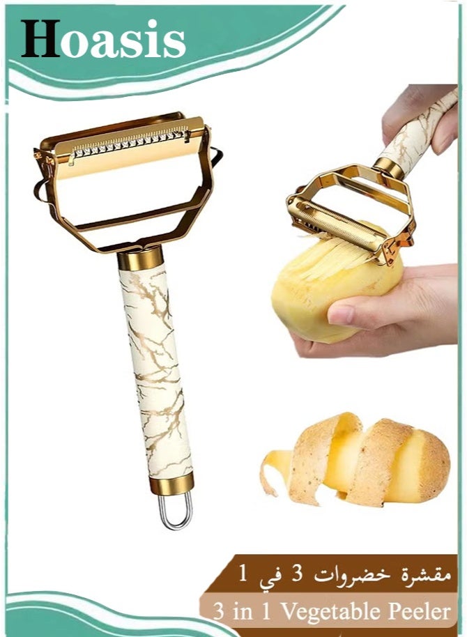 Hoasis Stainless Steel 3 in 1 Vegetable Peeler, Fruit Potato Peeler with Ergonomic Non-Slip Handle, Peeling Shredding Digging Functions Integrated, Kitchen Tool (Gold) 18x8x2 cm - Image 1